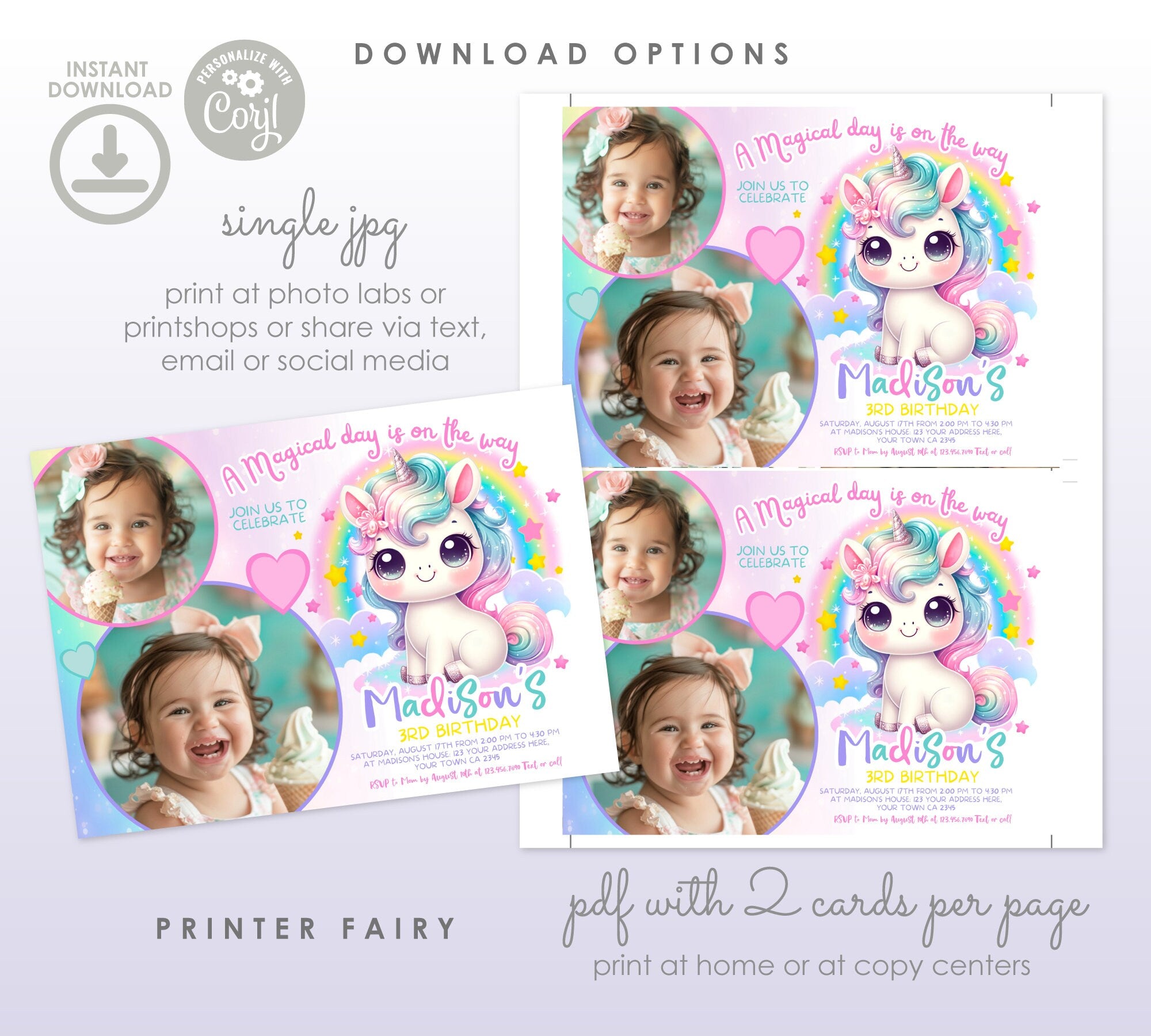 Unicorn Birthday Invitation with Photo, Rainbow Party Theme (Digital Download)