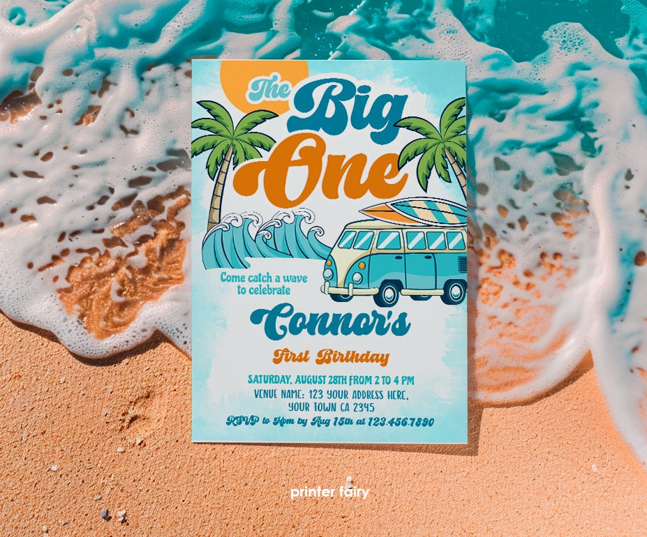 Surf 'Big One' Birthday Invitation, Retro Van, Beach Party (EDITABLE, INSTANT DOWNLOAD)
