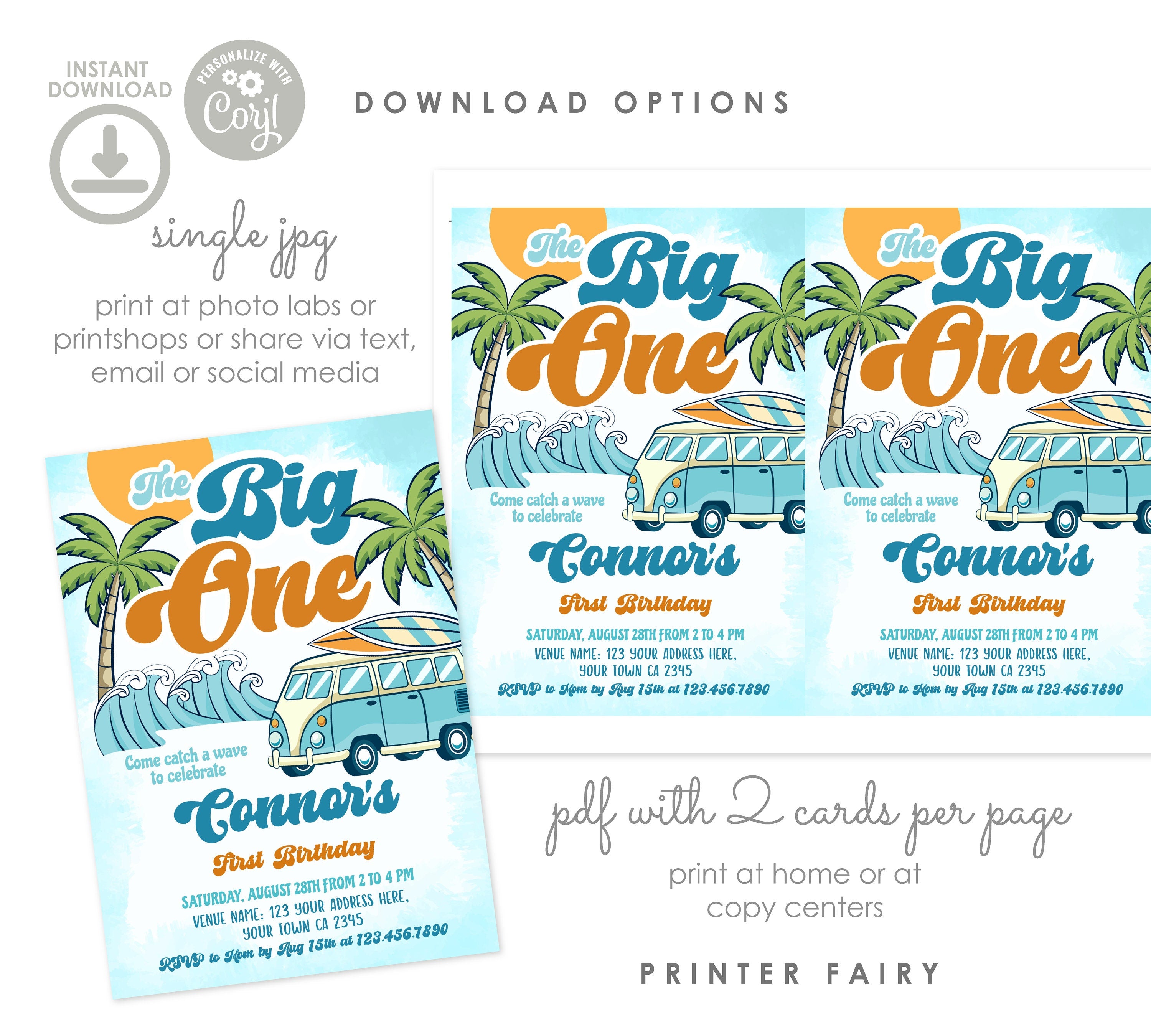 Surf 'Big One' Birthday Invitation, Retro Van, Beach Party (EDITABLE, INSTANT DOWNLOAD)