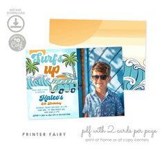 Surfs Up Birthday Invitation, Retro Surfboard Beach Party (INSTANT DOWNLOAD)