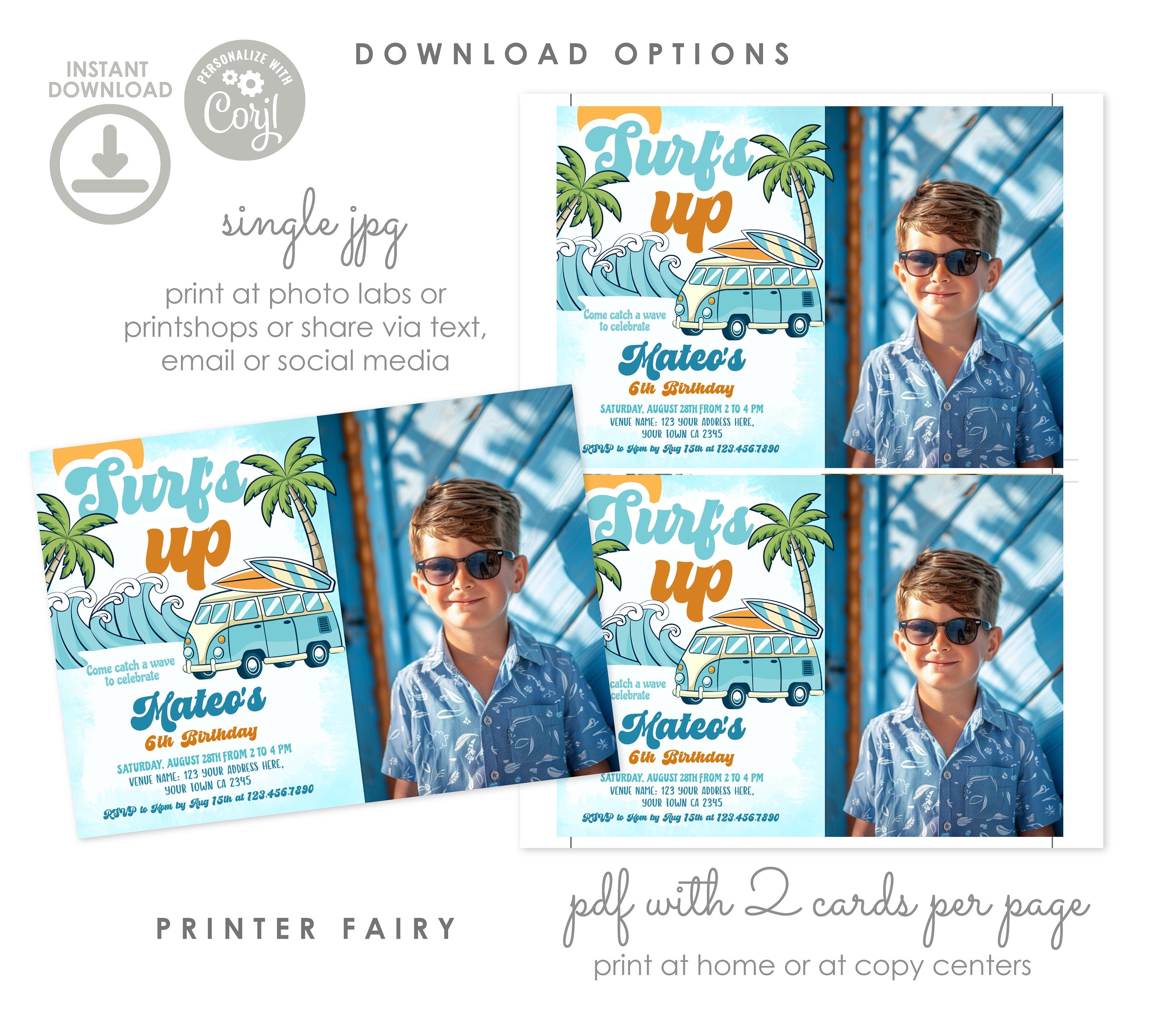 Surfs Up Birthday Invitation, Retro Surfboard Beach Party (INSTANT DOWNLOAD)