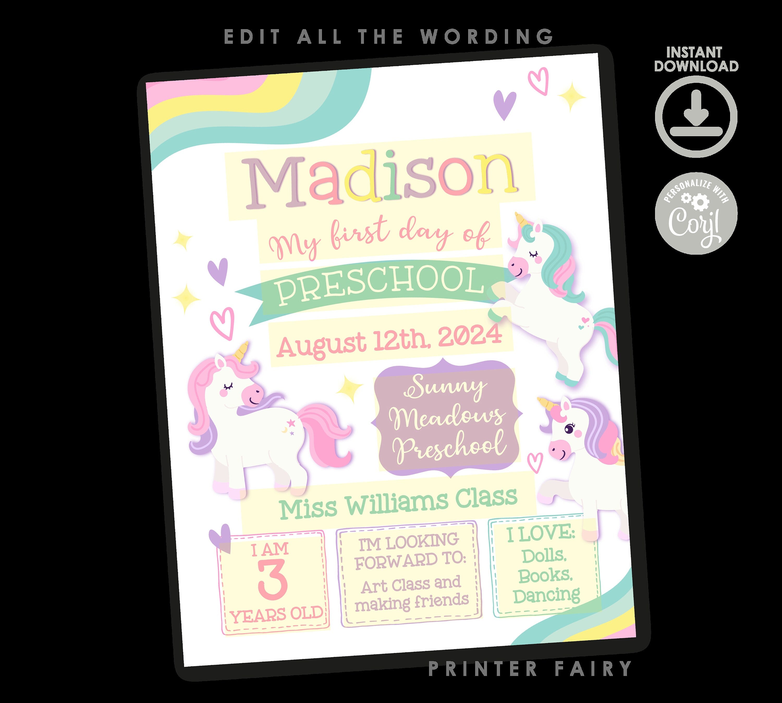 Unicorn Back to School Sign, First Day, ANY GRADE (Editable, Instant Download)