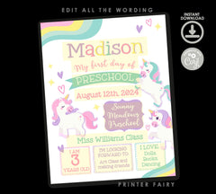 Unicorn Back to School Sign, First Day, ANY GRADE (Editable, Instant Download)