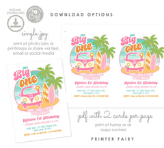 Retro Surf 1st Birthday Invitation, Van & Surfboard, Editable (Digital Download)