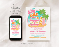 Retro Surf 1st Birthday Invitation, Van & Surfboard, Editable (Digital Download)