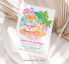 Retro Surf 1st Birthday Invitation, Van & Surfboard, Editable (Digital Download)