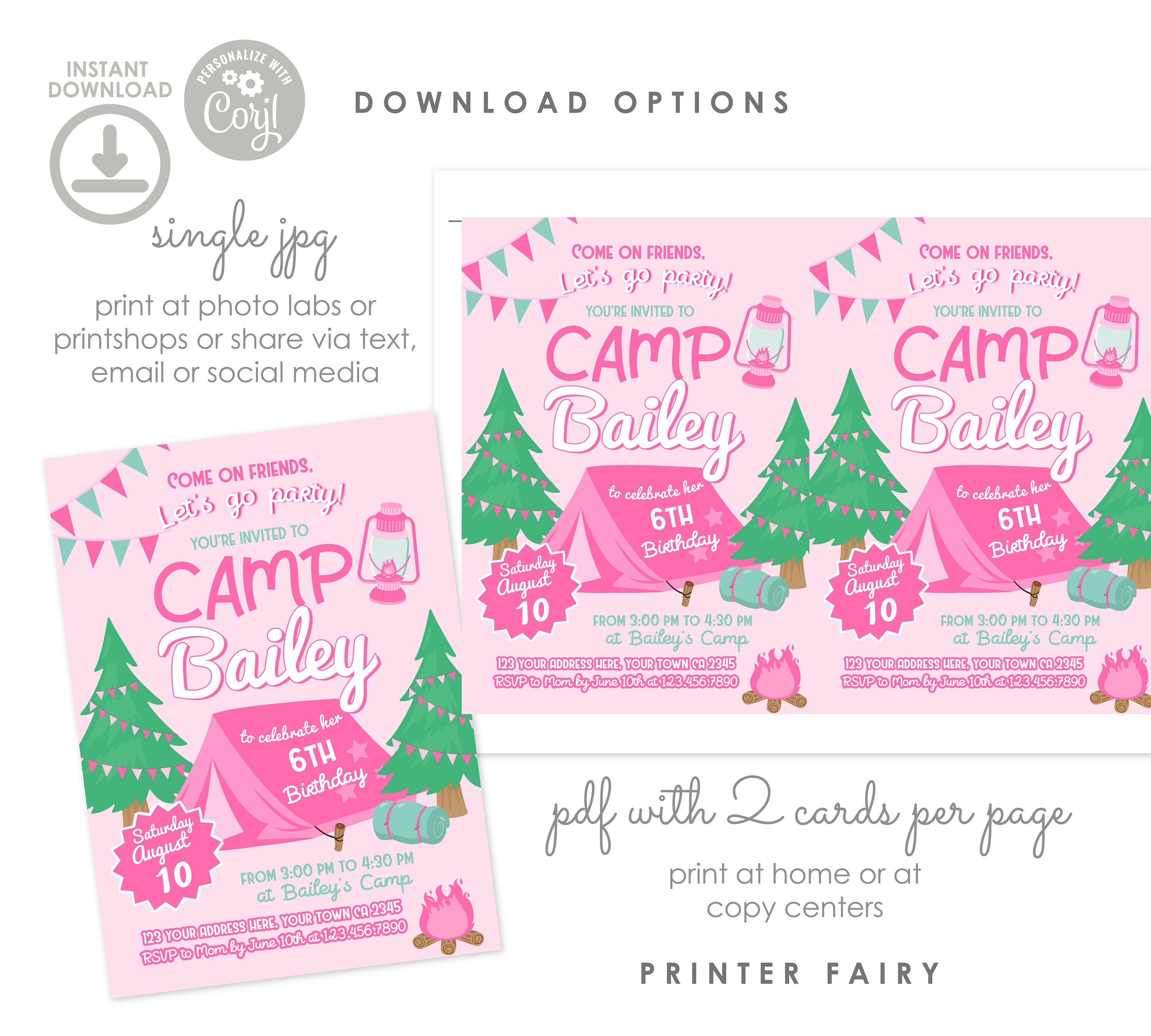 Pink Camping Birthday Invitation, Editable Template (Digital Download)