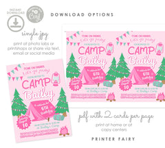 Pink Camping Birthday Invitation, Editable Template (Digital Download)