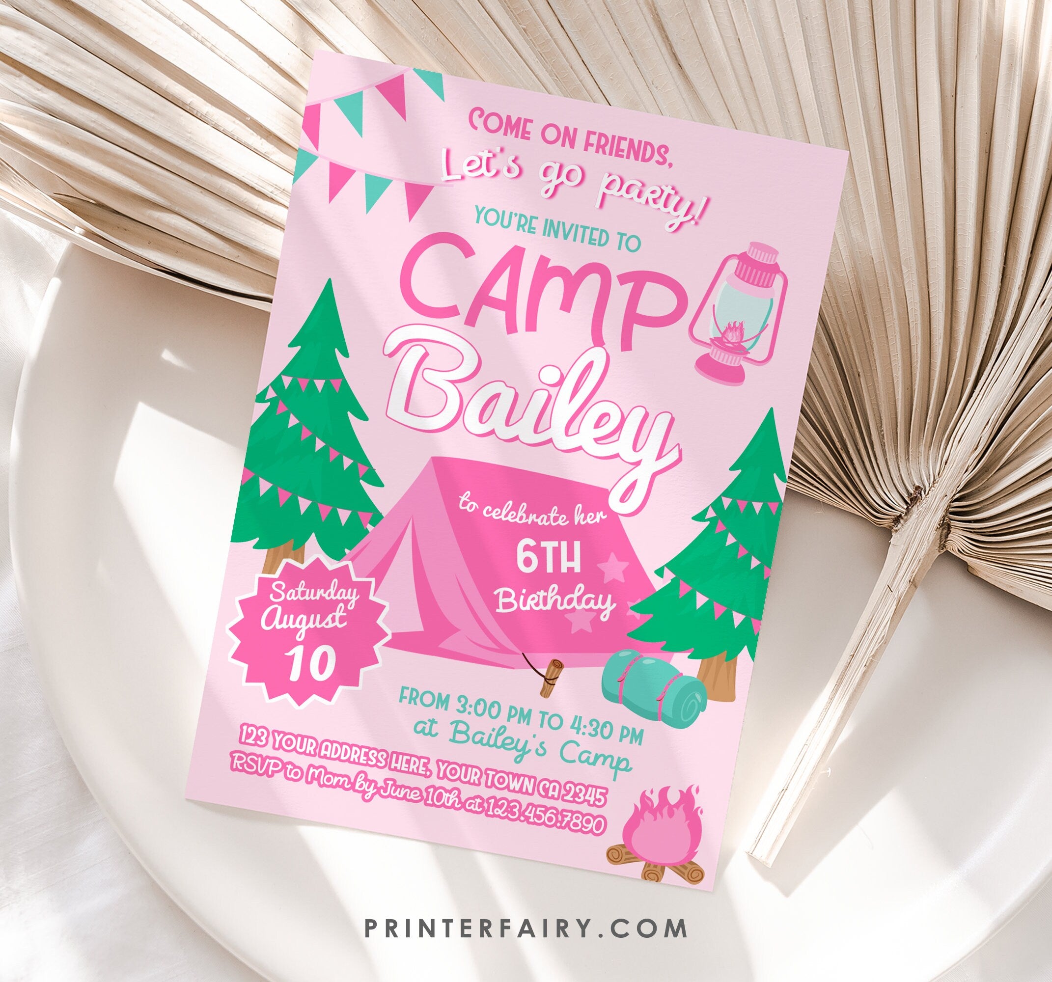 Pink Camping Birthday Invitation, Editable Template (Digital Download)