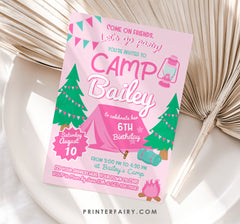 Pink Camping Birthday Invitation, Editable Template (Digital Download)