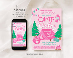 Pink Camping Birthday Invitation, Editable Template (Digital Download)