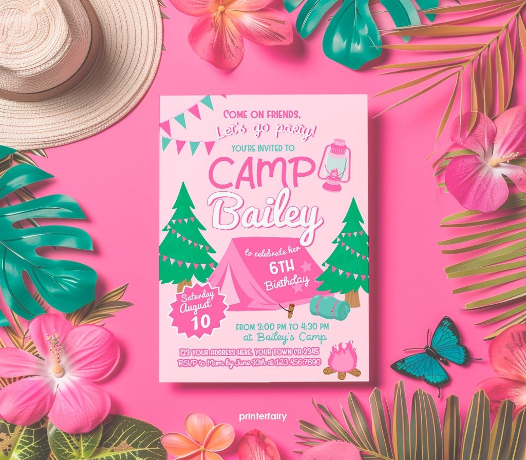 Pink Camping Birthday Invitation, Editable Template (Digital Download)