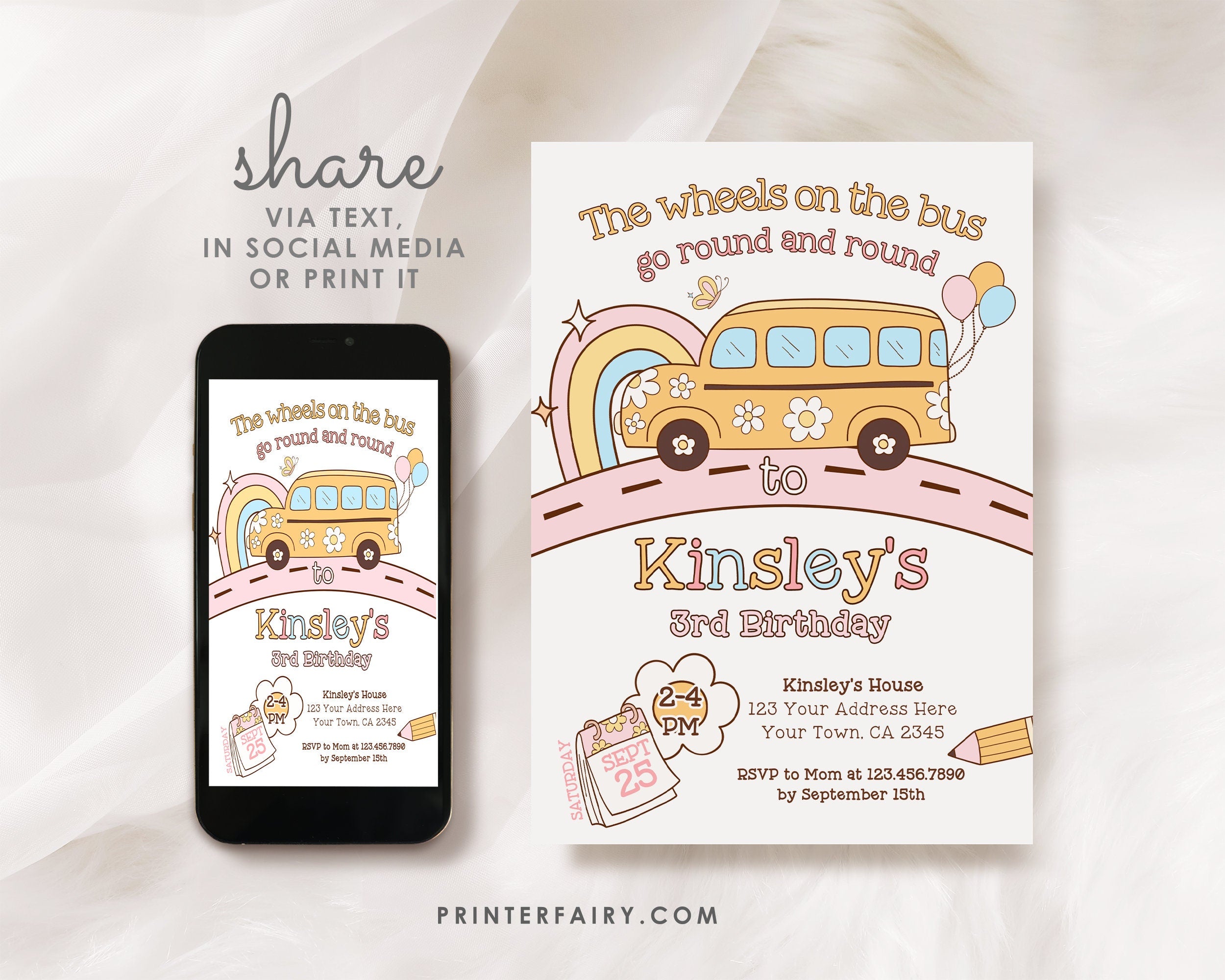 Wheels on the Bus Birthday Invitation, Rainbow School Bus (Instant Download)
