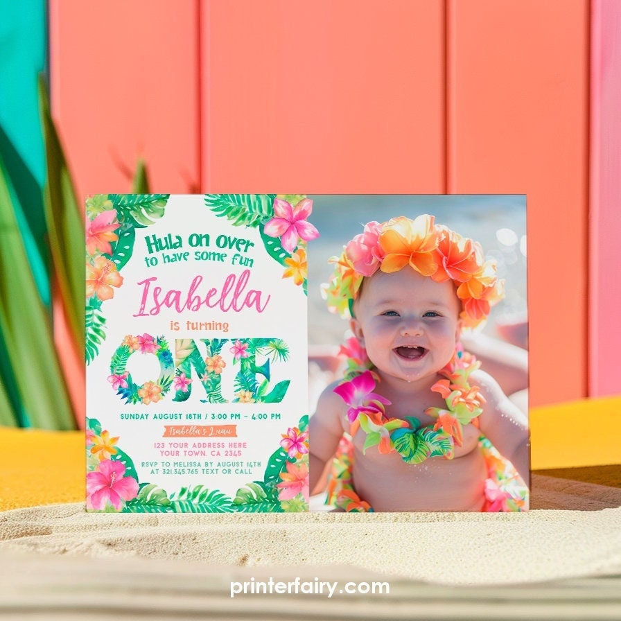 Luau First Birthday Invitation with Photo, Tropical Hula (Editable)