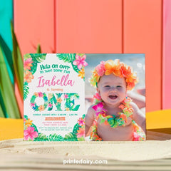 Luau First Birthday Invitation with Photo, Tropical Hula (Editable)
