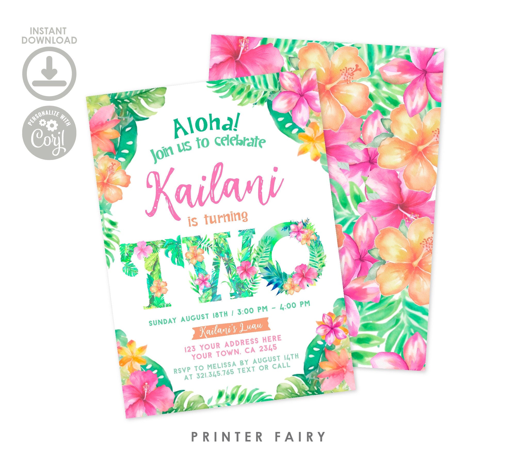 Luau 2nd Birthday Invitation, Editable Tropical Party Invite