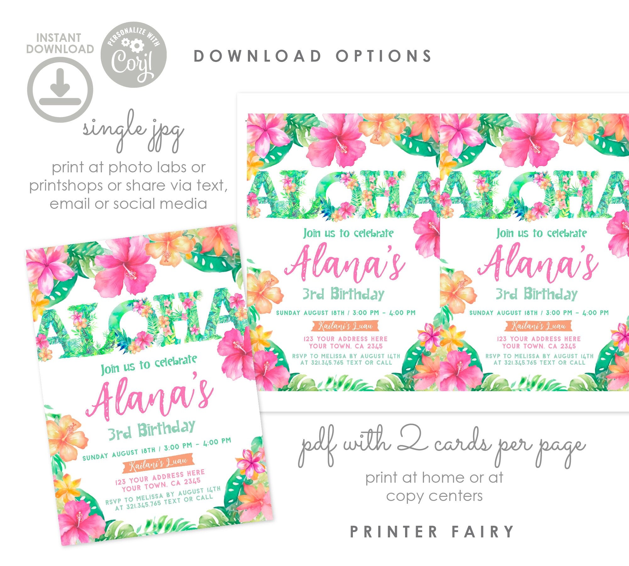 Editable Luau Birthday Invitation, Tropical Party Invite (Digital Item)