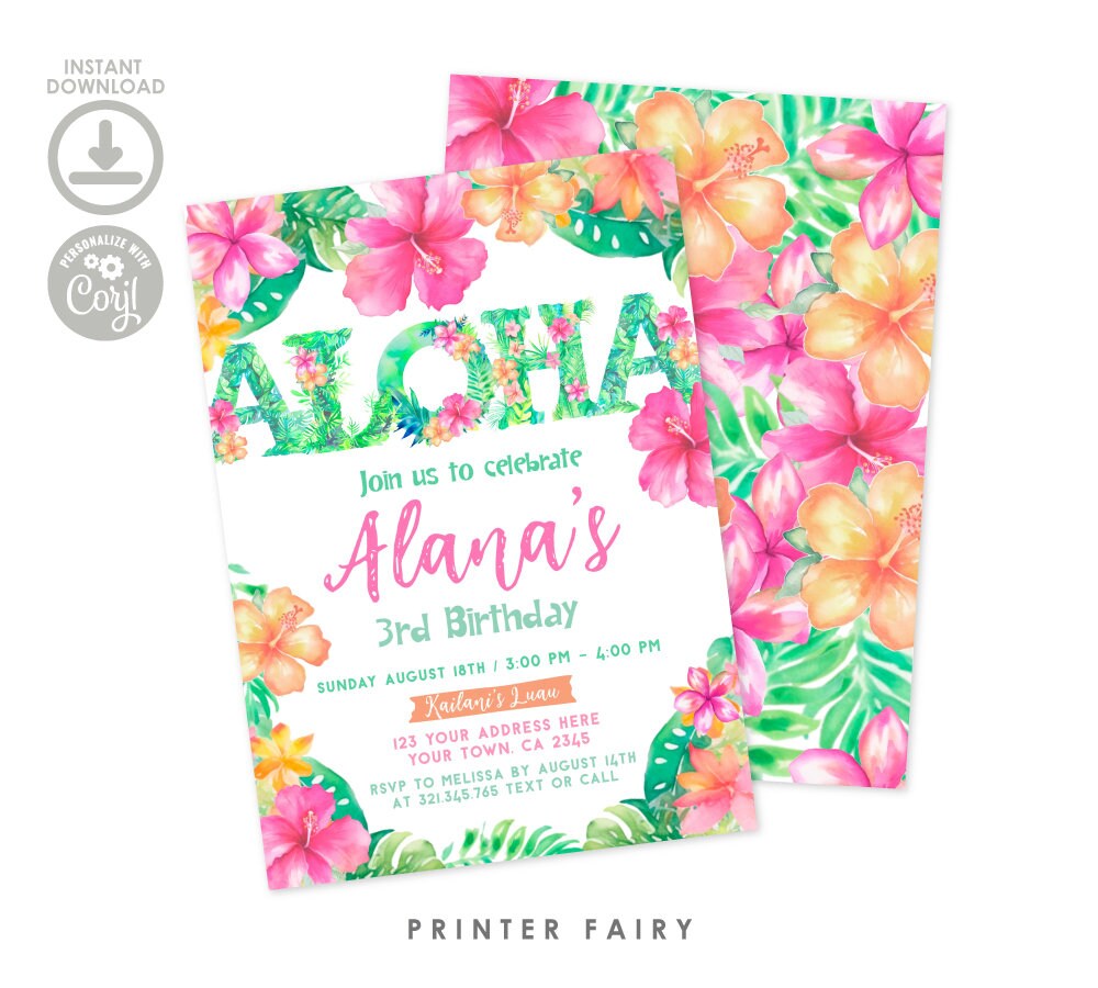 Editable Luau Birthday Invitation, Tropical Party Invite (Digital Item)