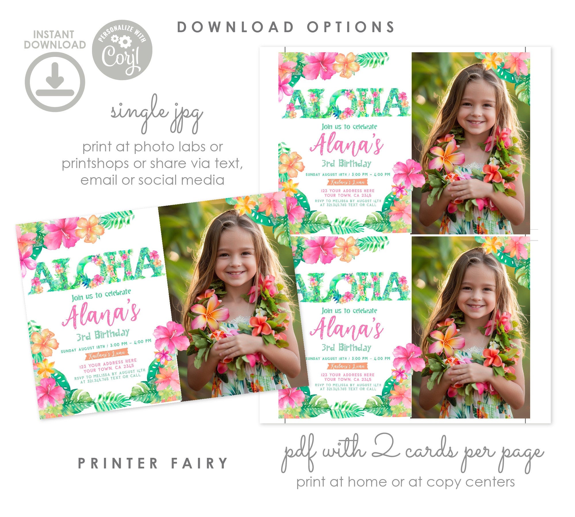 Luau Birthday Invitation, Editable Tropical Party Invite (Digital Item)