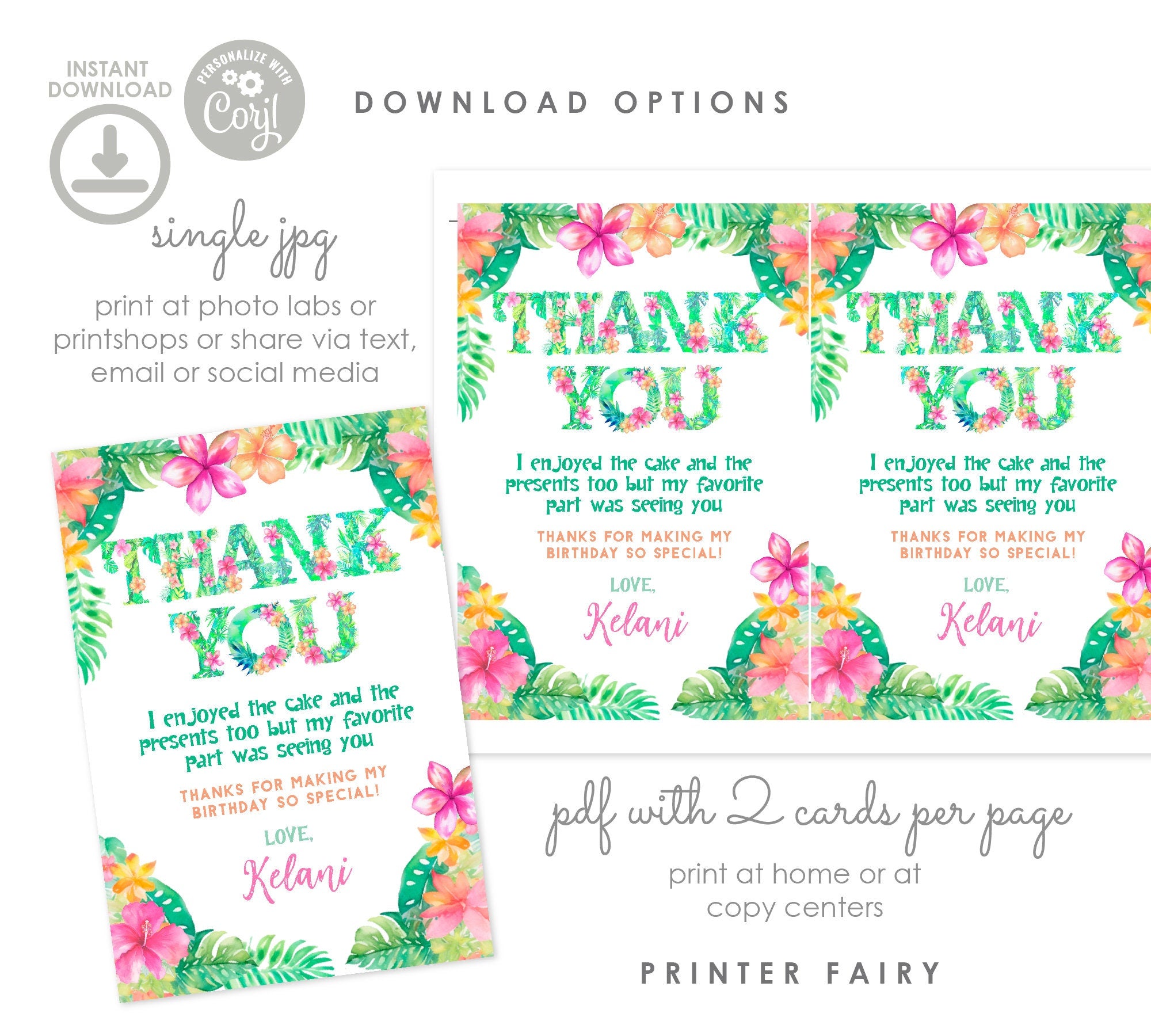 Luau Thank You Cards Editable Template, Hawaiian Party Printables, INSTANT DOWNLOAD