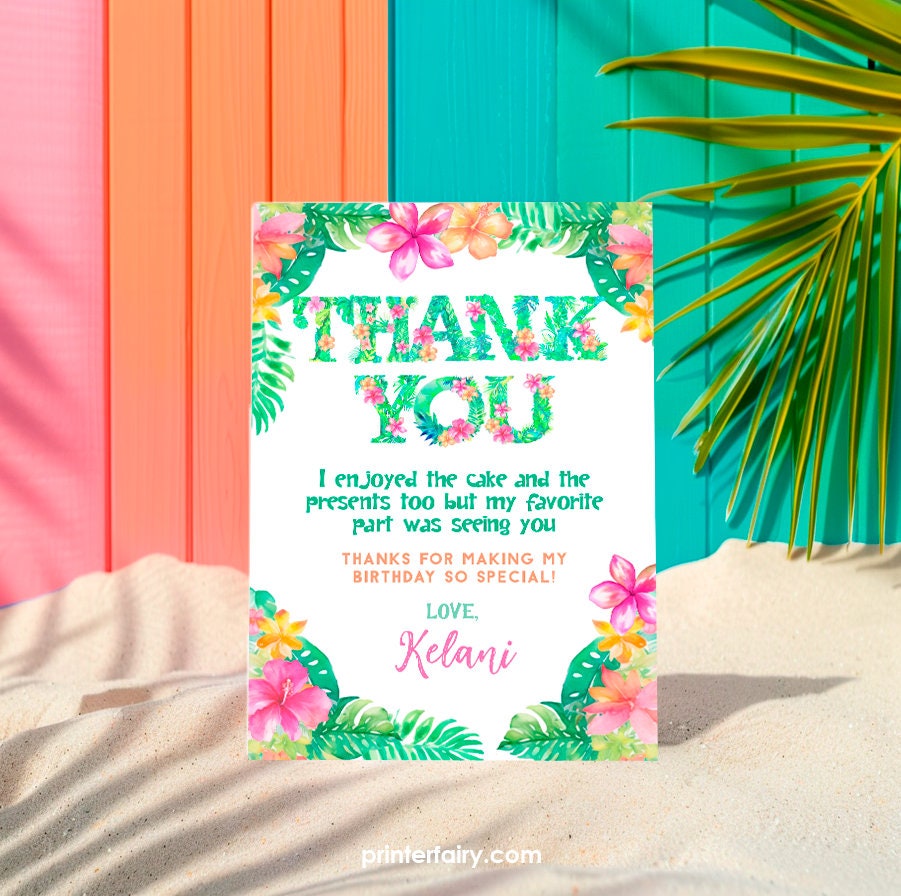 Luau Thank You Cards Editable Template, Hawaiian Party Printables, INSTANT DOWNLOAD