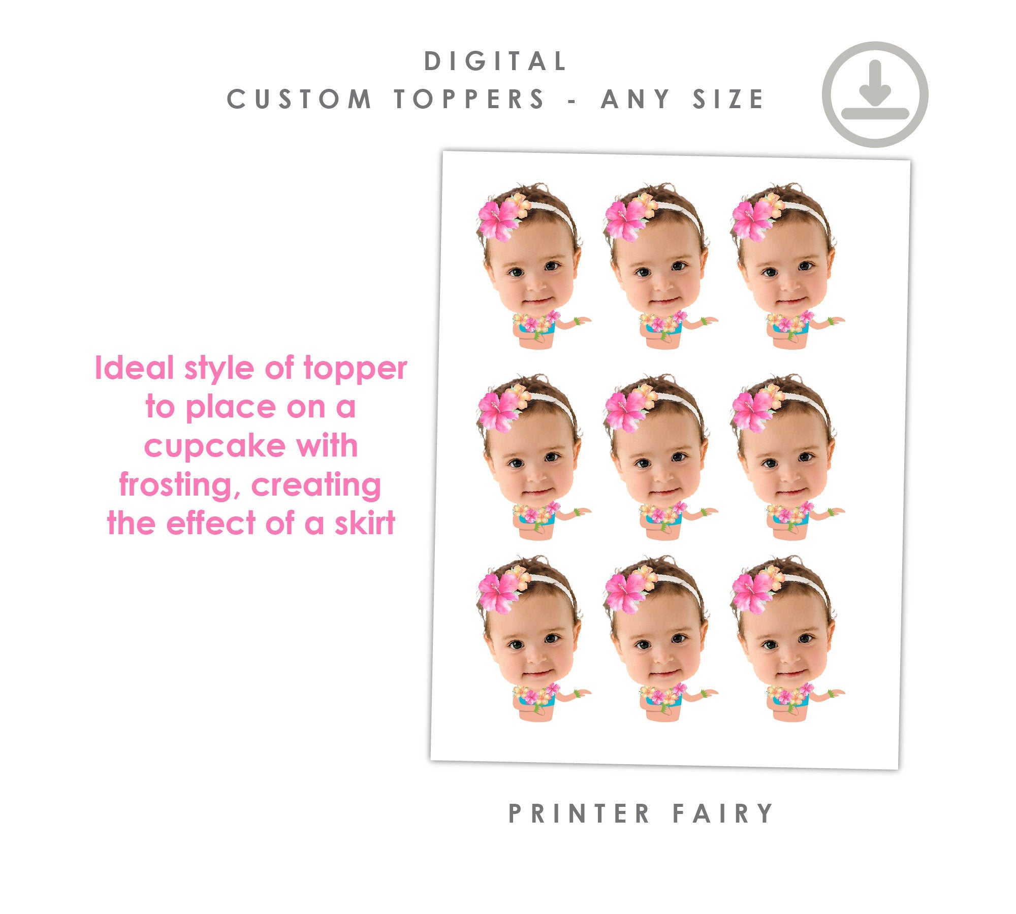 Personalized Luau Cupcake Toppers, Hawaiian Birthday Party (Digital Design)