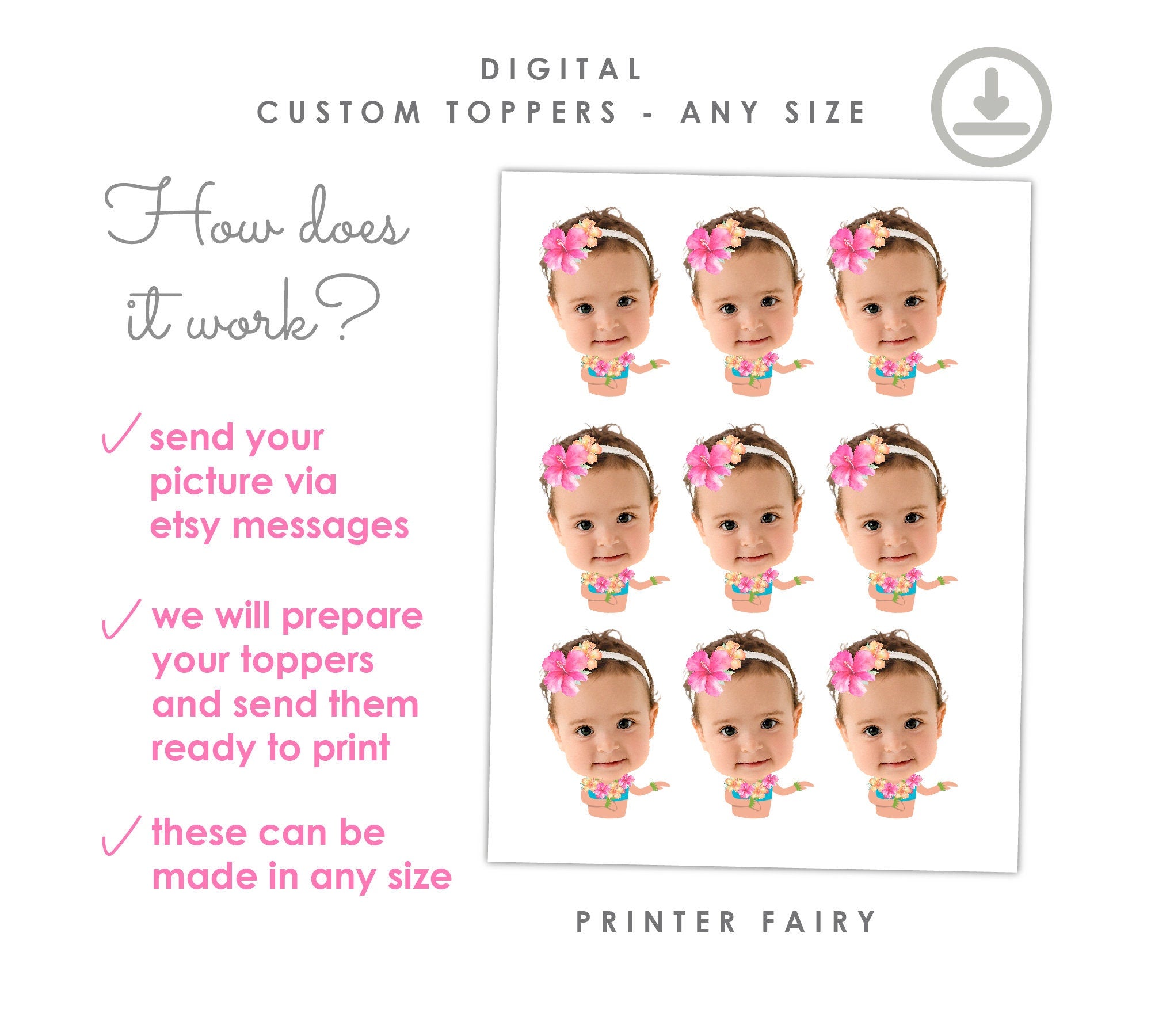 Personalized Luau Cupcake Toppers, Hawaiian Birthday Party (Digital Design)