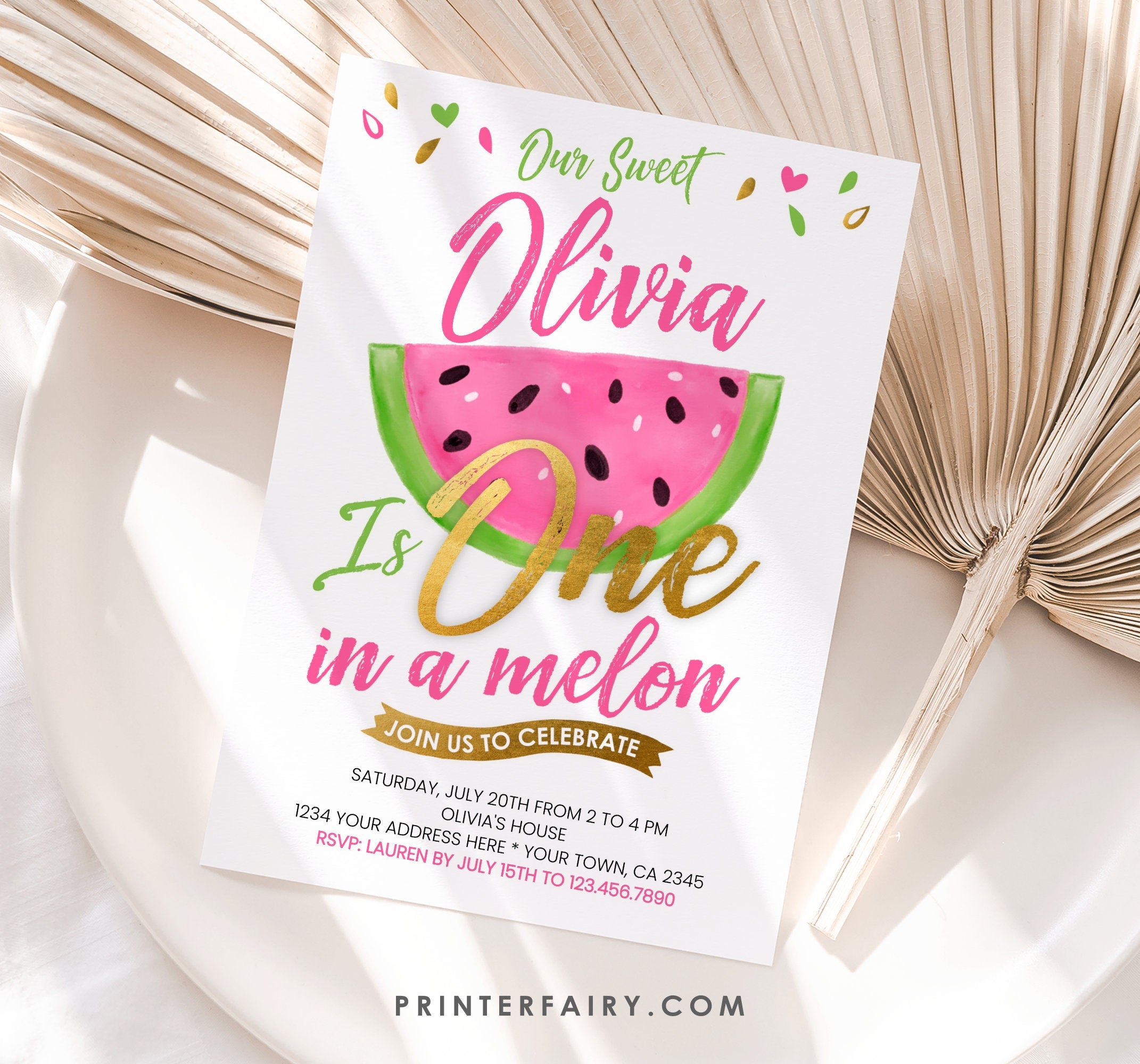 One in a Melon First Birthday Invitation Editable Template Watermelon Invite (Instant Download)