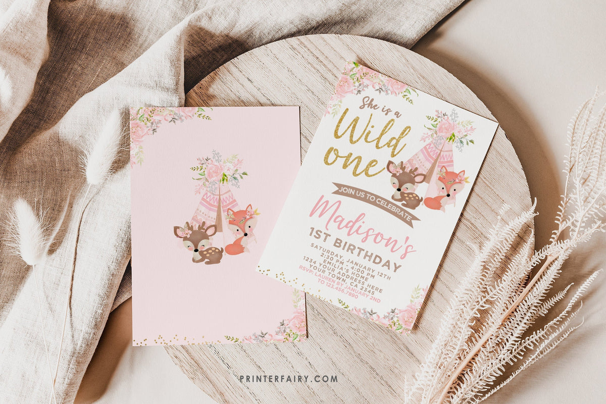 Wild One Girl Birthday Invitation, Tribal Woodland, EDITABLE (Digital Download)