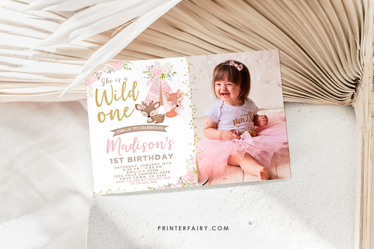 Wild One Girl Birthday Invitation, Tribal Woodland, Photo, EDITABLE (Digital Download)