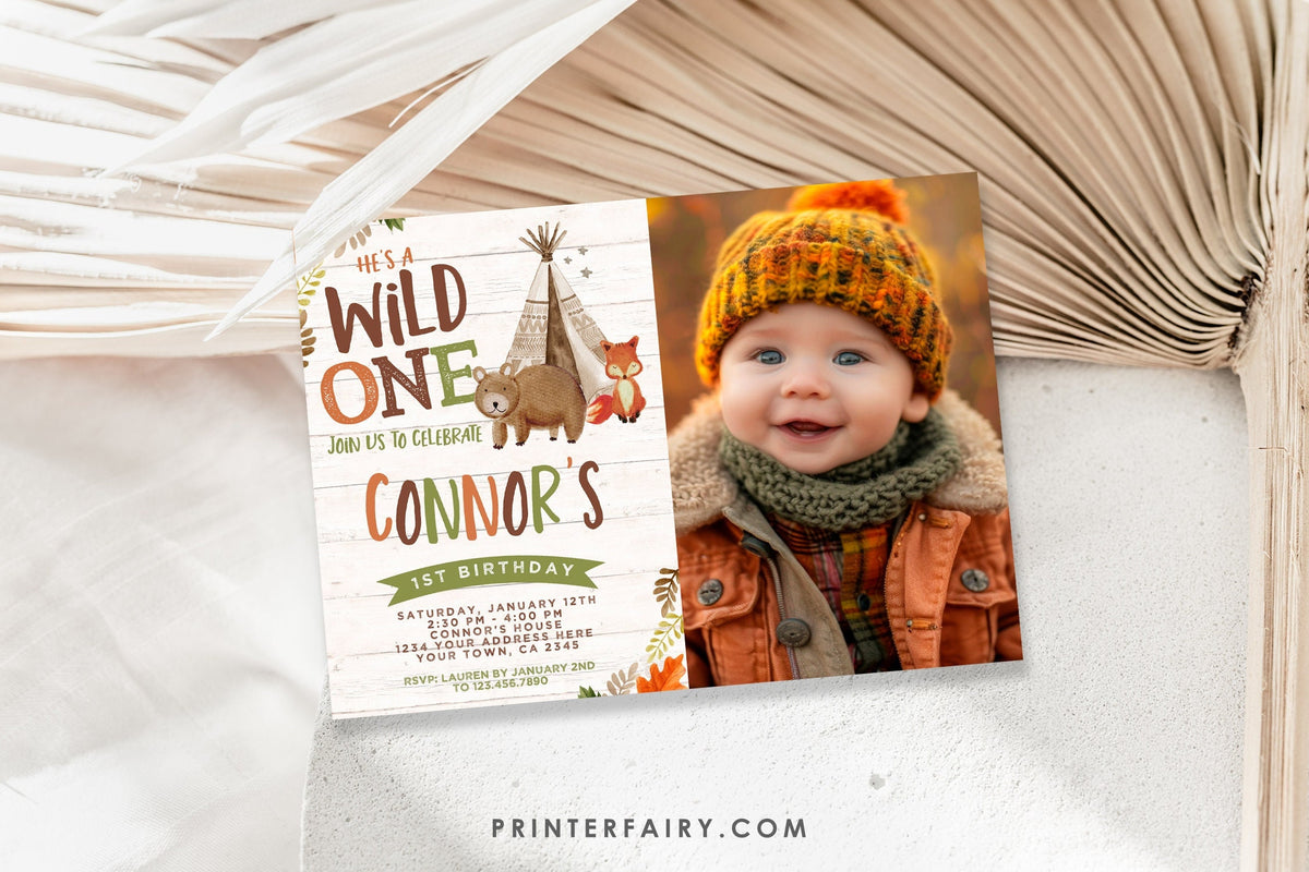 Wild One Birthday Invitation with Photo, Tribal Woodland (Digital Download)