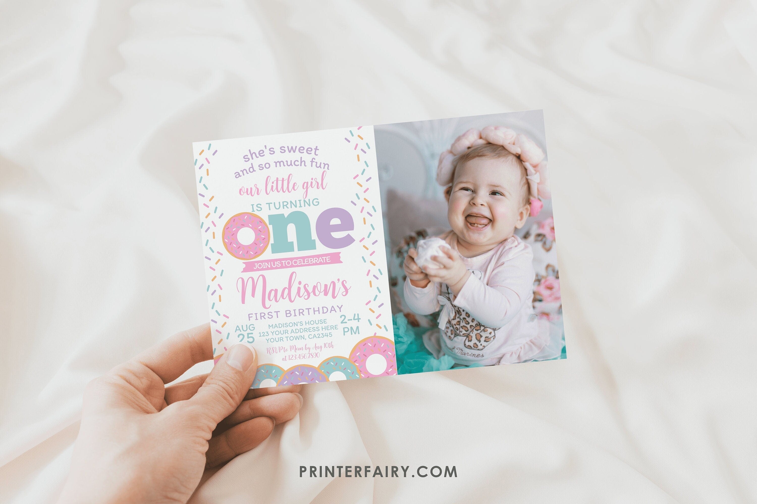 Donut First Birthday Invitation with Photo, Editable Template (Digital Download)