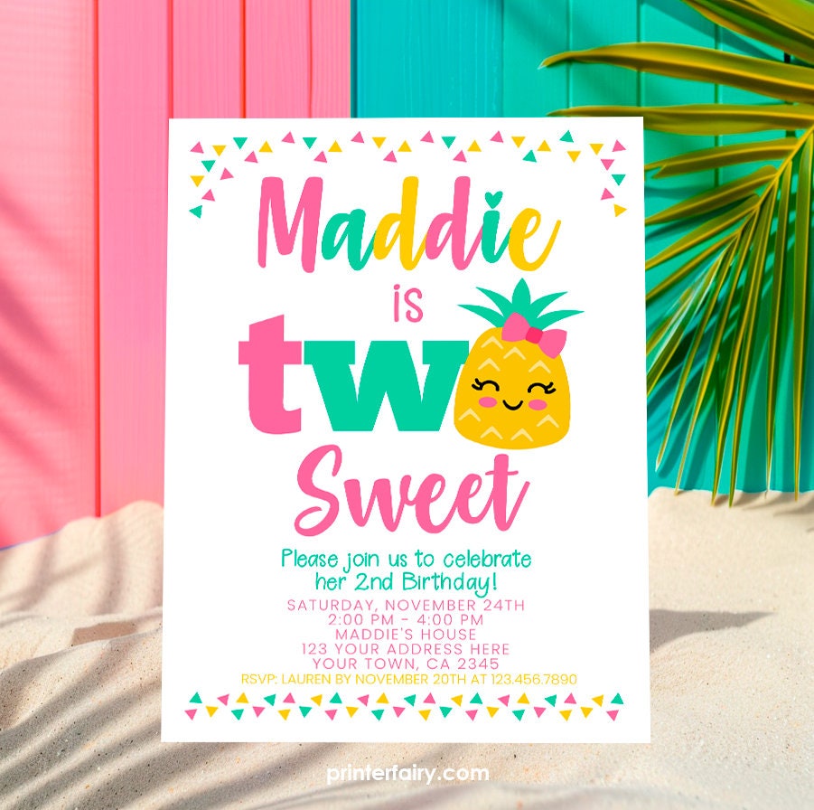 Pineapple 2nd Birthday Invitation, Editable Luau Party Invite (Digital Download)