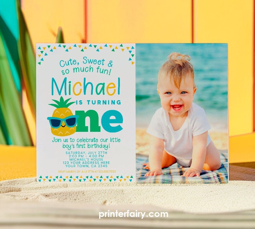 Pineapple First Birthday Invitation with Photo, Luau Party (Editable, Instant Download)