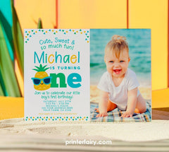 Pineapple First Birthday Invitation with Photo, Luau Party (Editable, Instant Download)