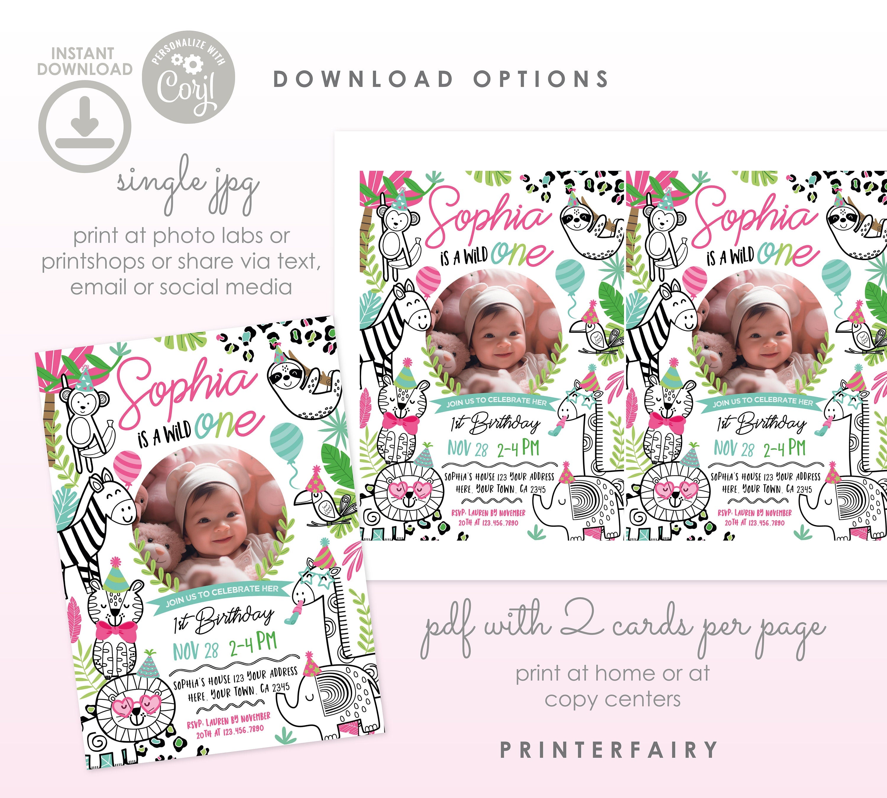Wild One Safari 1st Birthday Invitation with Photo (Digital Download)
