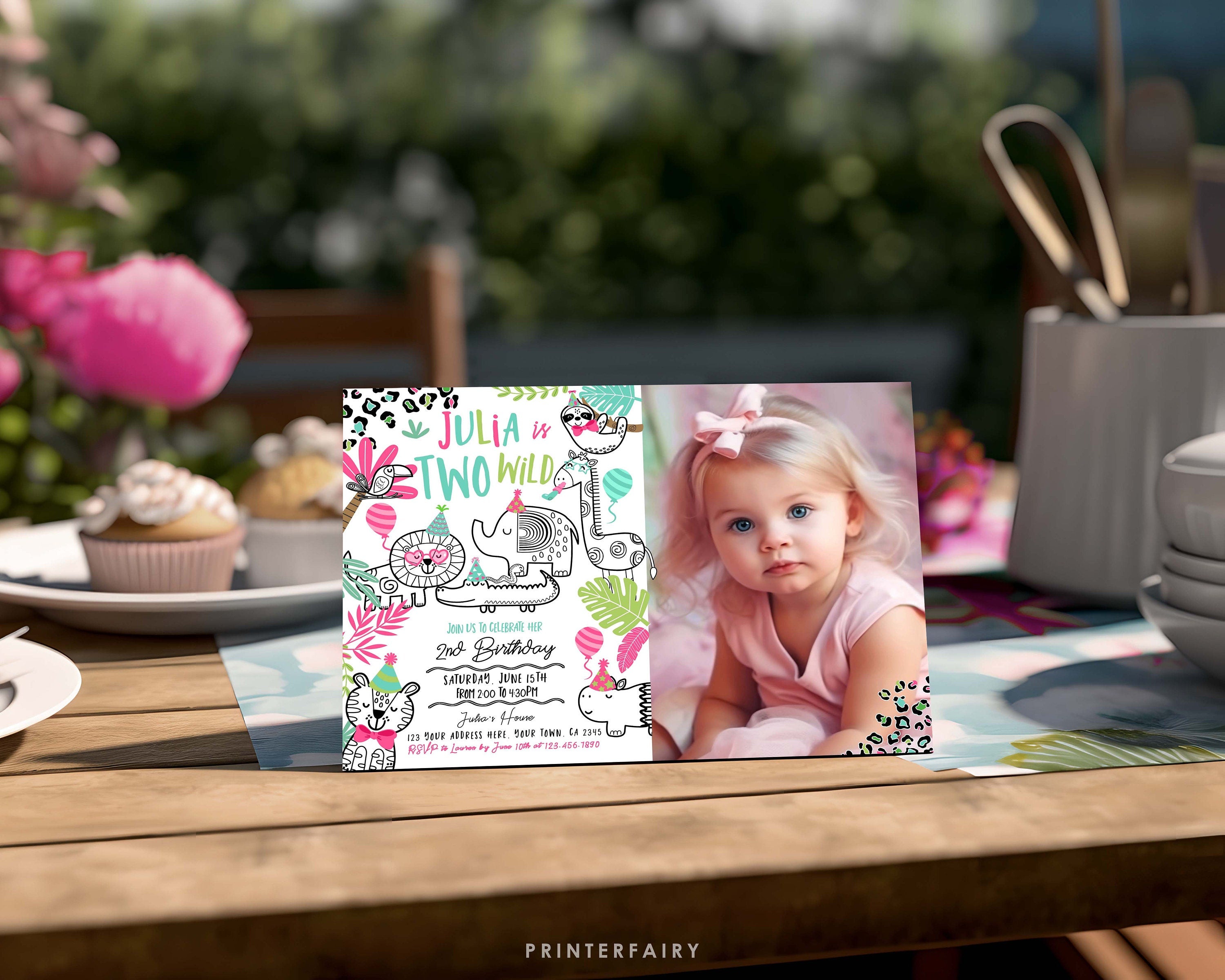 Two Wild Safari Birthday Invitation with Photo (Digital Download)