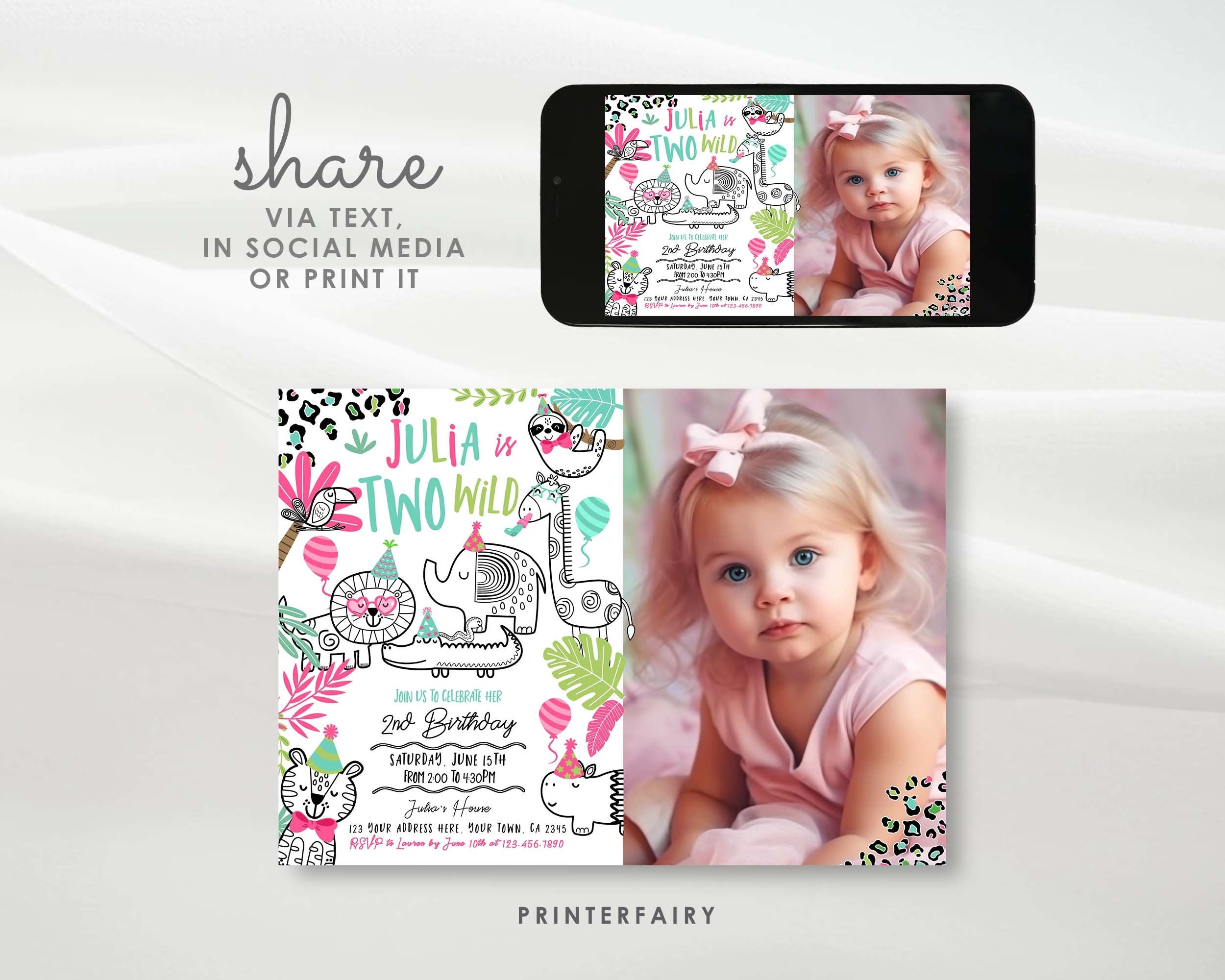 Two Wild Safari Birthday Invitation with Photo (Digital Download)
