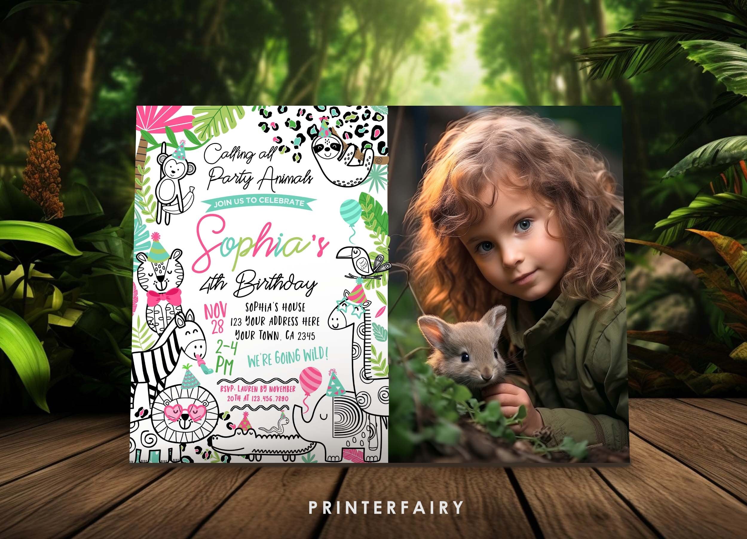 Safari Birthday Invitation, Jungle Animals, Photo, Editable (Digital Download)