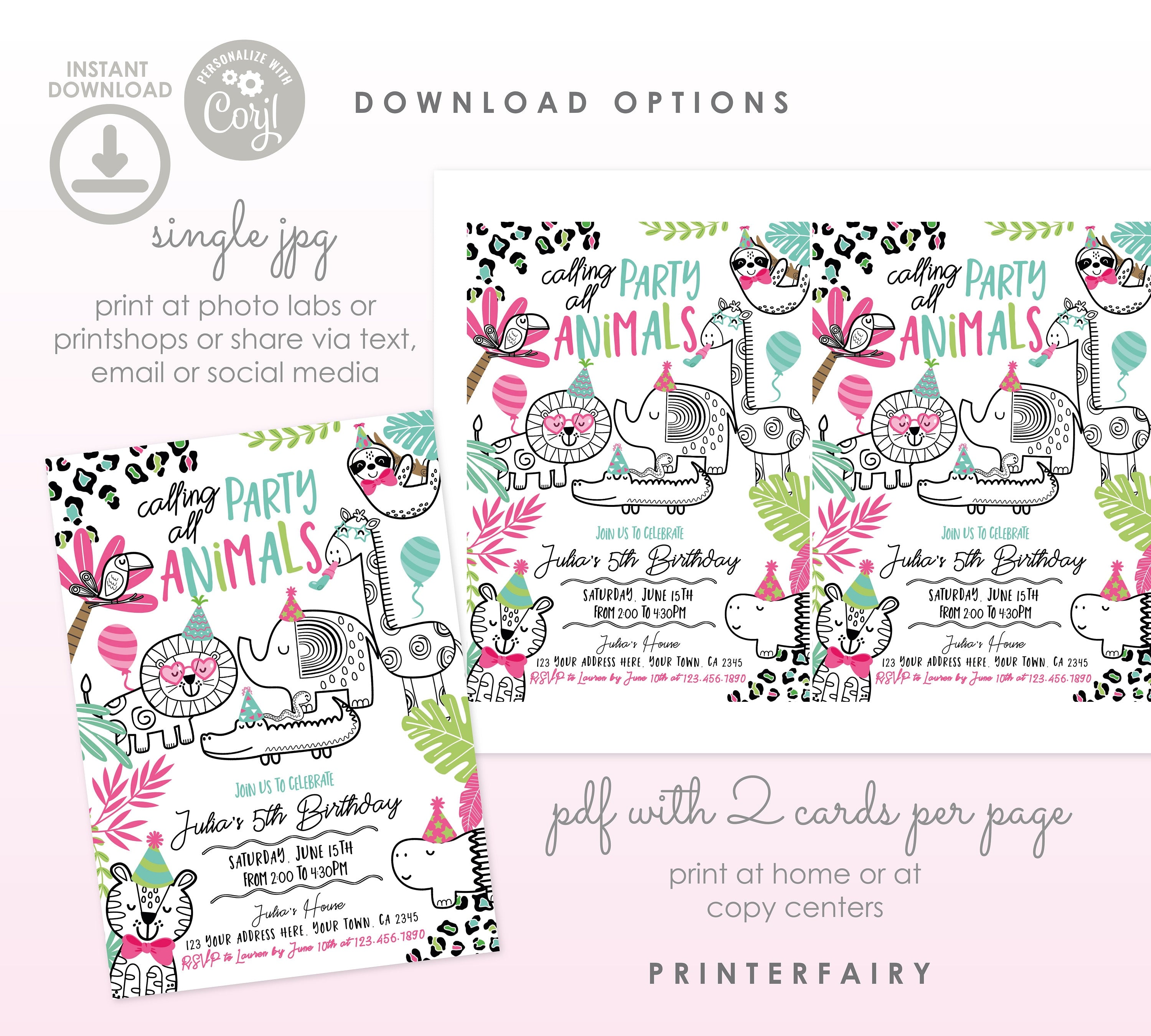 Jungle Animals Birthday Invitation, Safari Party, Editable (Digital Download)