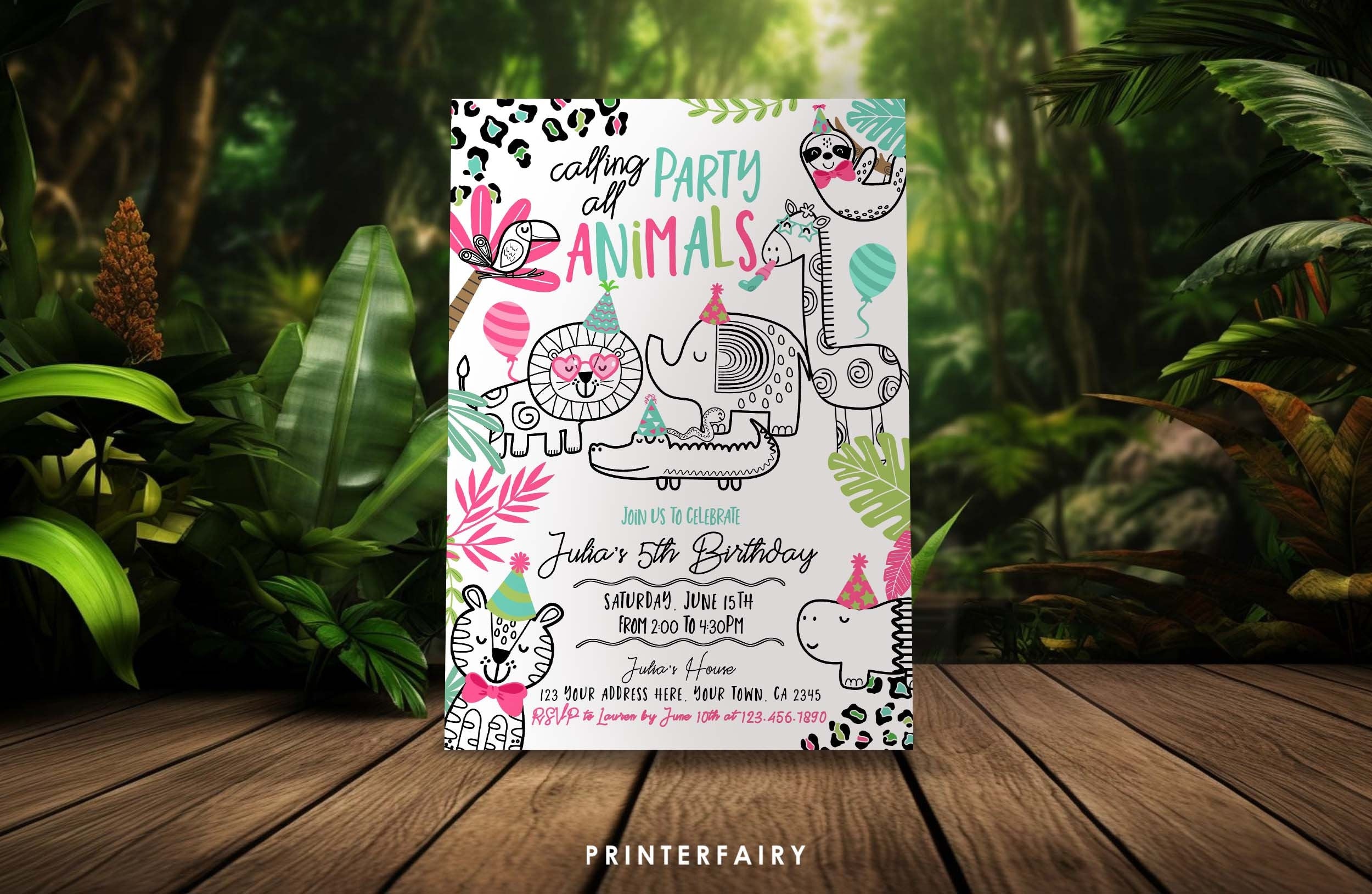 Jungle Animals Birthday Invitation, Safari Party, Editable (Digital Download)