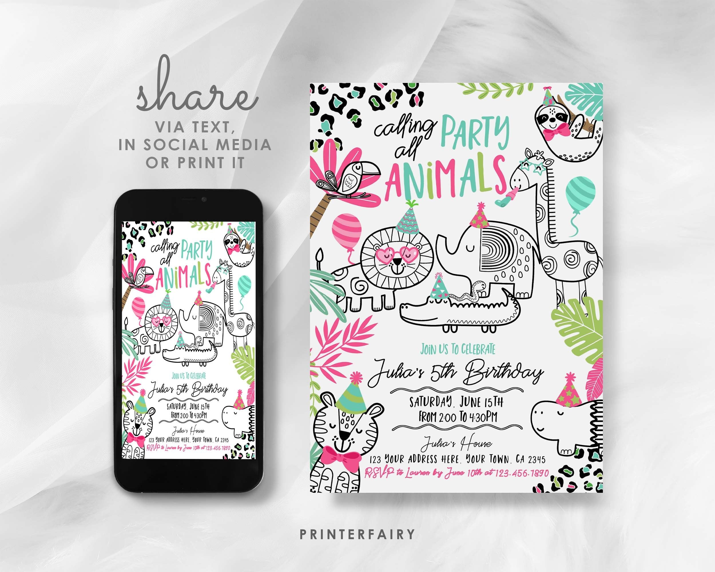 Jungle Animals Birthday Invitation, Safari Party, Editable (Digital Download)