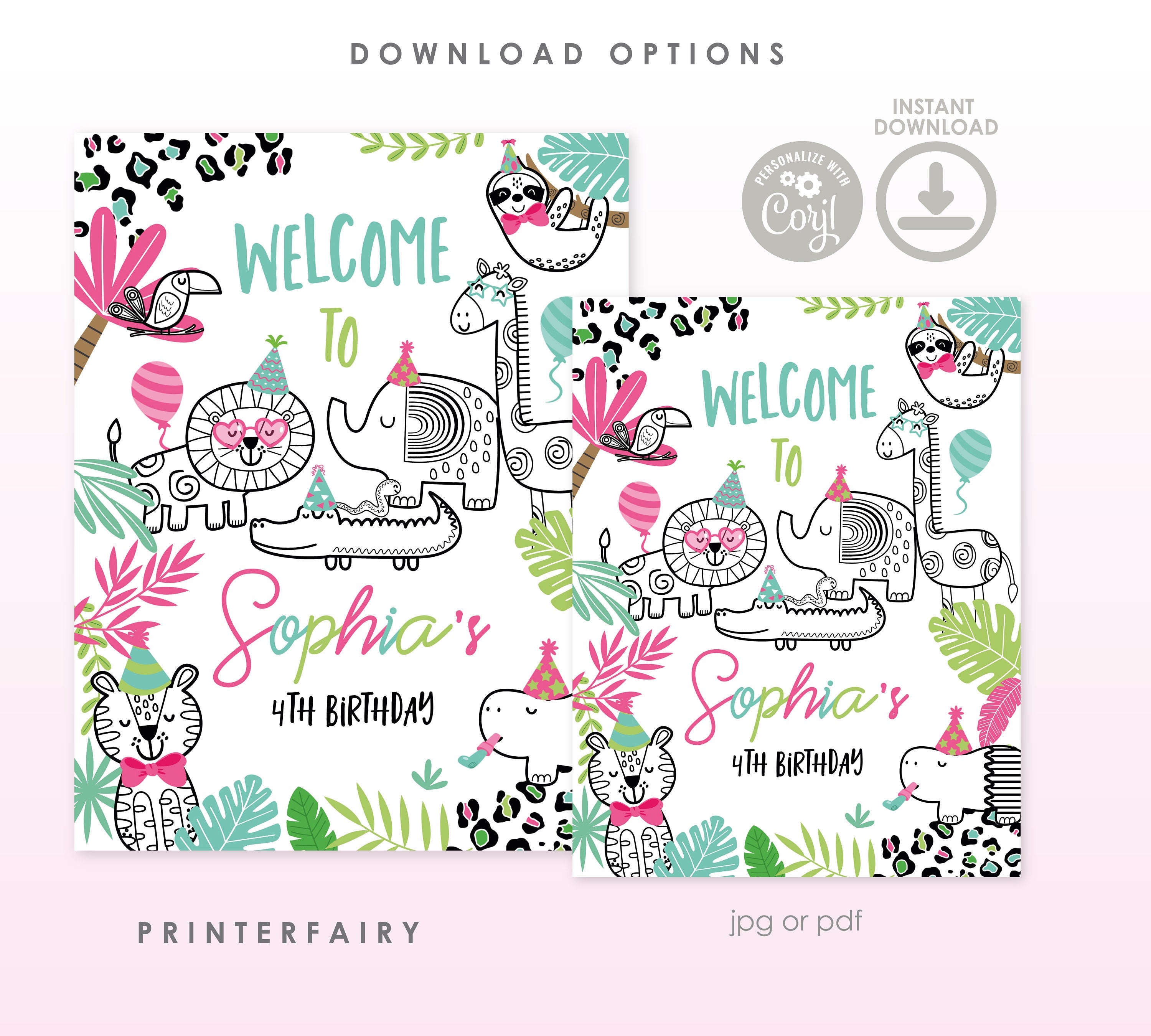 Wild One Welcome Sign, Jungle Animals Birthday (Instant Download)