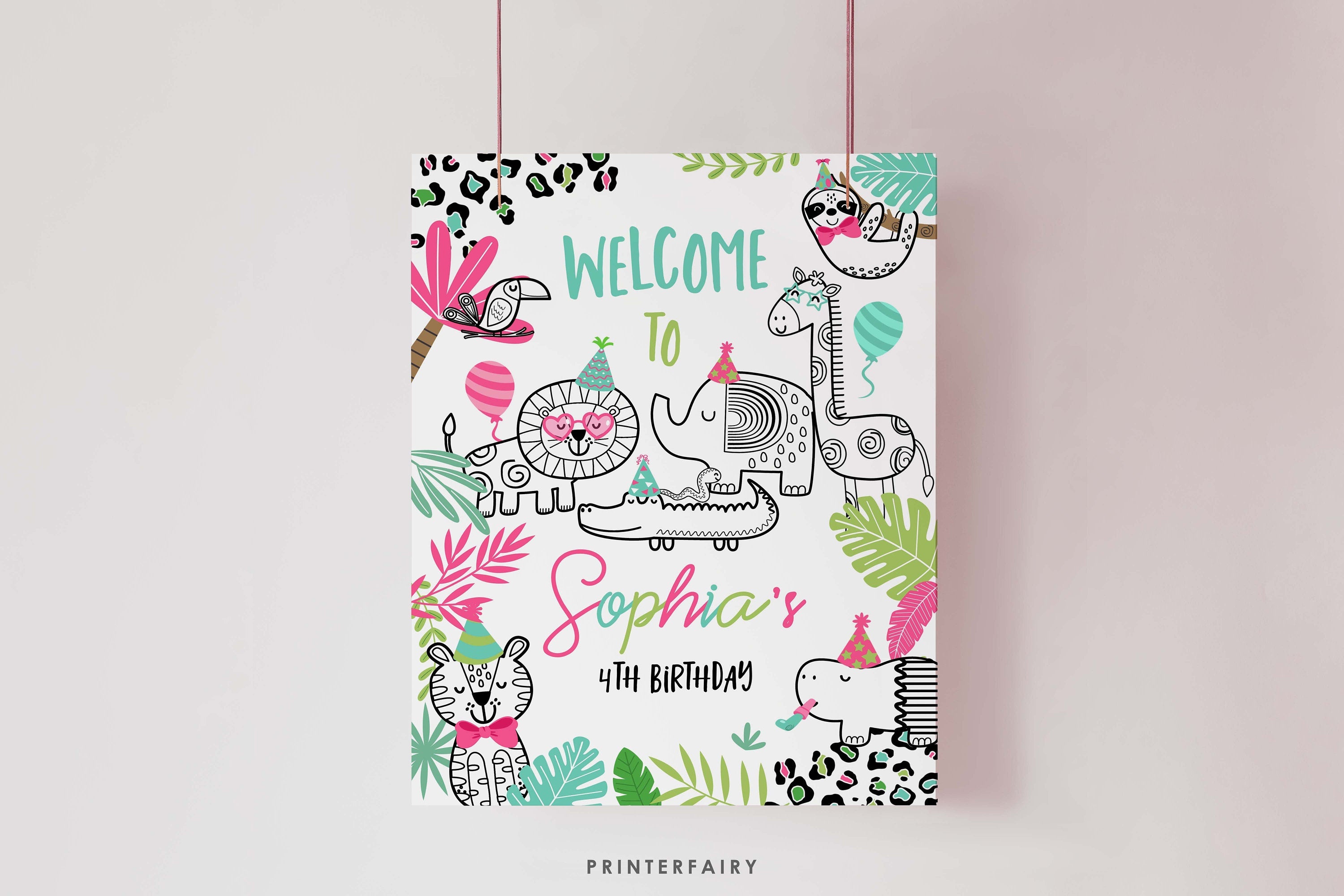 Wild One Welcome Sign, Jungle Animals Birthday (Instant Download)