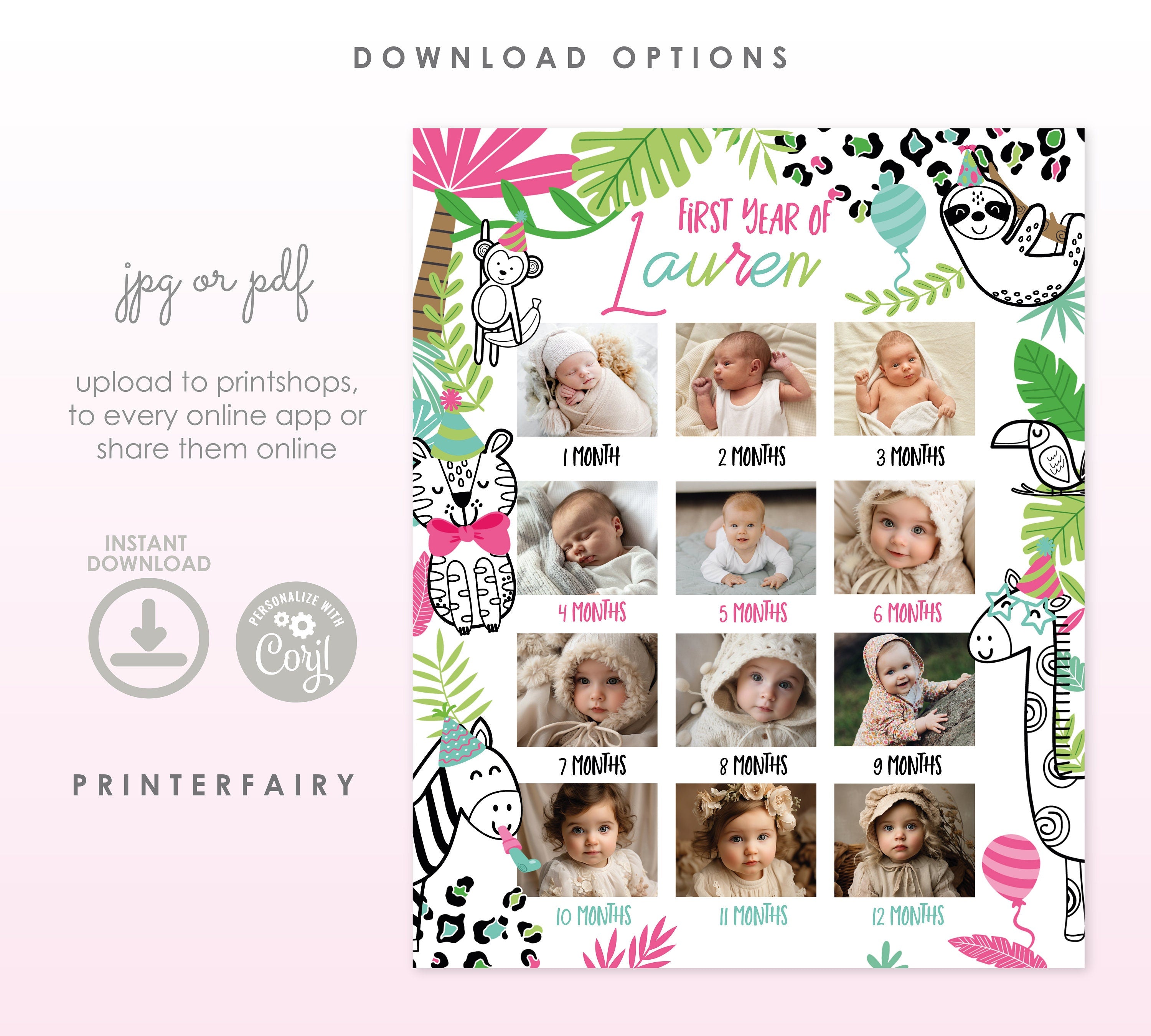 Wild One Birthday Photo Board, Jungle Animals (Instant Download)