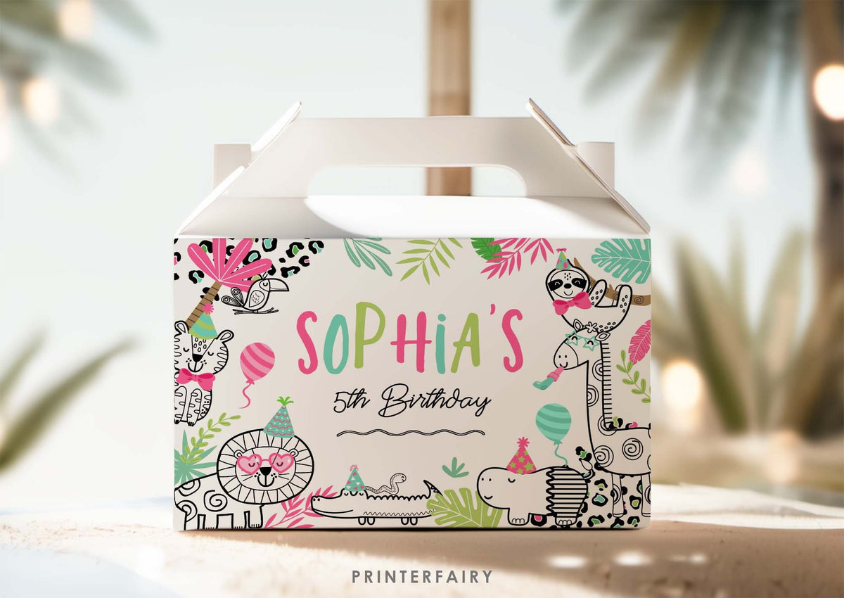 Jungle Animals Party Gable Box Label, Safari Treat Box (Instant Download)