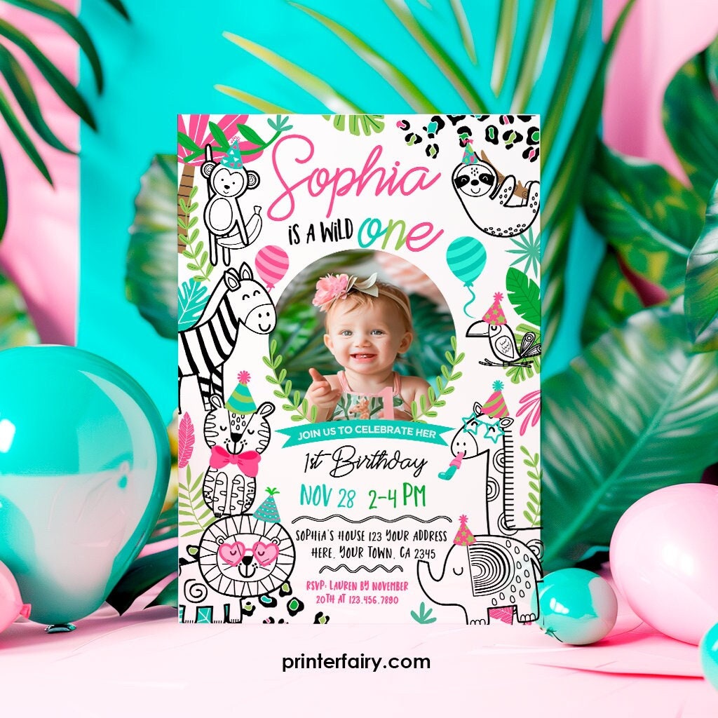 Wild One Safari 1st Birthday Invitation with Photo (Digital Download)