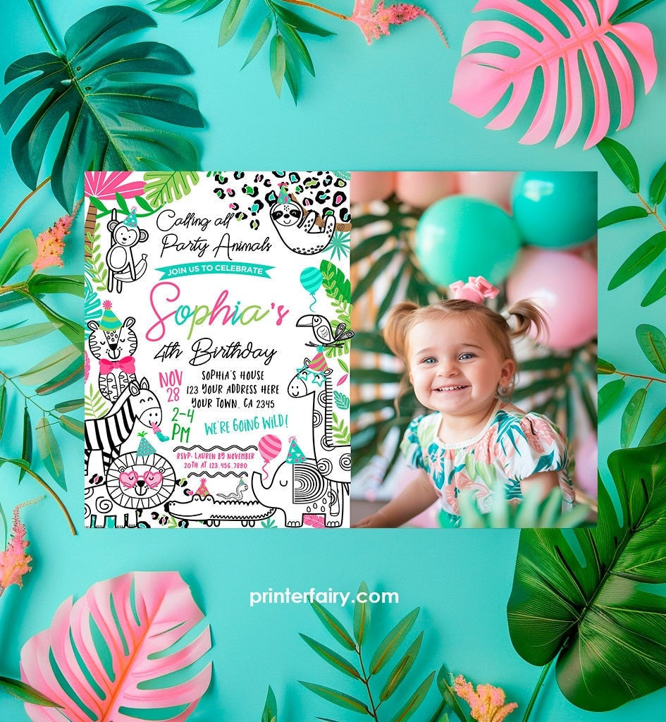 Safari Birthday Invitation, Jungle Animals, Photo, Editable (Digital Download)