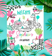Wild One Welcome Sign, Jungle Animals Birthday (Instant Download)