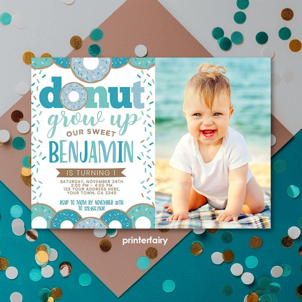 Donut Grow Up Boy 1st Birthday Invitation with Photo (INSTANT DOWNLOAD)